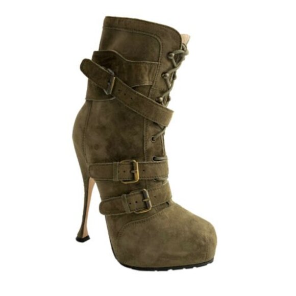 Brian Atwood All Leather Niki Platform Boots Green Military Ankle 38 - Picture 5 of 16